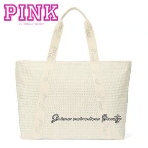 Victoria Secrets PINK Cream Rhinestone Crystal Bling Bling Logo Tote